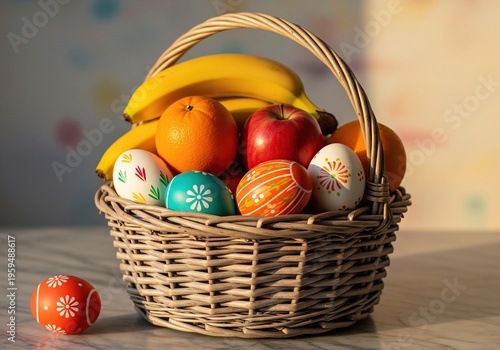 Easter basket filled with fruits and decorated eggs on a marble table