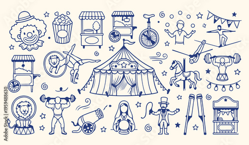 Circus carnival amusement pattern, festival show background, fairground entertainment illustration, circus performance wallpaper, hand drawn carnival sketches, vintage fair design, circus icons patter