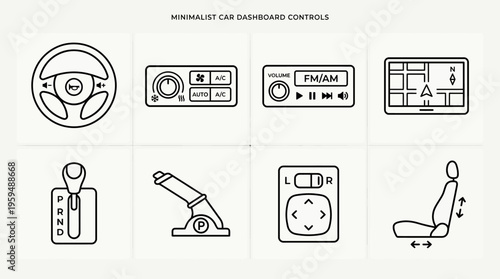 Car dashboard controls icon set with steering wheel, audio panel, radio, GPS, gear shift, handbrake, mirror, and seat adjustment, drawn in black-and-white line art, symbolizing driving, control, and n