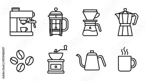 Coffee brewing icon set with espresso machine, French press, pour over, moka pot, beans, grinder, kettle, and mug, drawn in black-and-white line art, symbolizing coffee culture, tools, and rituals.