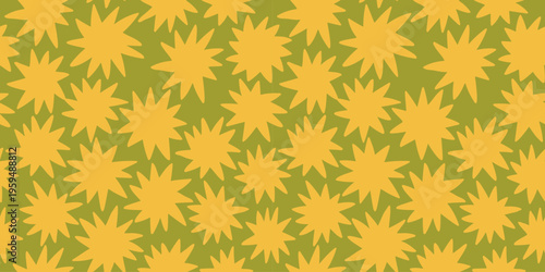 Colorful abstract starburst seamless pattern in modern playful style, perfect for textiles, wallpapers, packaging, and creative surface design.