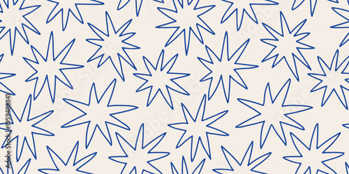 Colorful abstract starburst seamless pattern in modern playful style, perfect for textiles, wallpapers, packaging, and creative surface design.