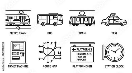 Public transport icon set with tram, bus, subway, taxi, ticket machine, map, platform sign, and clock, drawn in black-and-white line art, symbolizing urban mobility, travel, and city commuting.