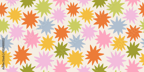 Colorful abstract starburst seamless pattern in modern playful style, perfect for textiles, wallpapers, packaging, and creative surface design.