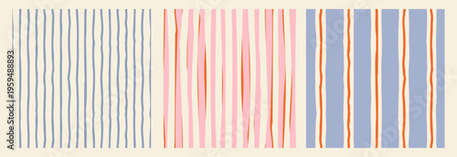 Set of seamless abstract stripe patterns with hand-drawn vertical lines. Modern decorative vector backgrounds with irregular organic stripes in soft colors. Suitable for textile, packaging, wallpaper,