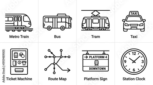 Public transport icon set with tram, bus, subway, taxi, ticket machine, map, platform sign, and clock, drawn in black-and-white line art, symbolizing urban mobility, travel, and city commuting.