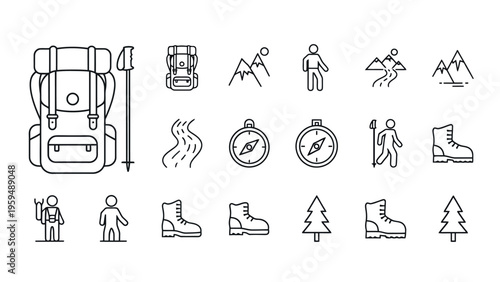 Hiking icons, outdoor adventure symbols, trekking signs, travel illustrations