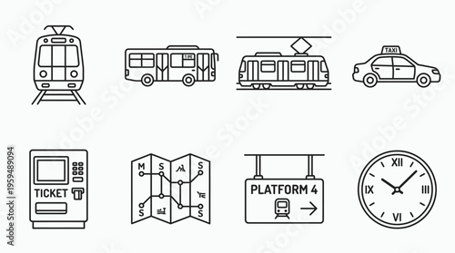Public transport icon set with tram, bus, subway, taxi, ticket machine, map, platform sign, and clock, drawn in black-and-white line art, symbolizing urban mobility, travel, and city commuting.