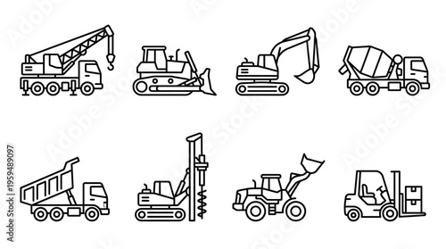 Construction vehicles icon set with crane, bulldozer, excavator, cement mixer, dump truck, drill rig, loader, and forklift, drawn in black-and-white line art, symbolizing building, heavy machinery, an