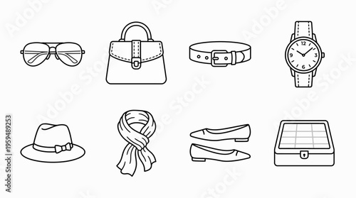Fashion accessories icon set with sunglasses, handbag, belt, watch, hat, scarf, shoes, and jewelry box, drawn in black-and-white line art, symbolizing style, elegance, and personal fashion.