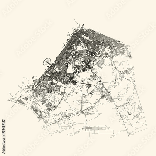 Photography City street map of Dubai, United Arab Emirates (UAE) in black and light beige