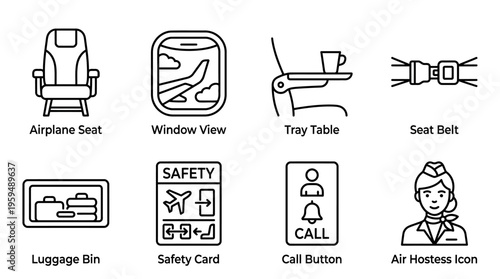 Airplane travel icon set with seat, window view, tray table, seat belt, luggage bin, safety card, call button, and hostess, drawn in line art style, symbolizing flight comfort, safety, and service.