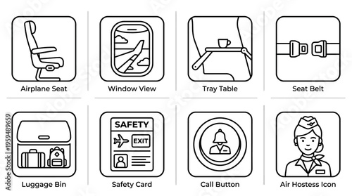Airplane travel icon set with seat, window view, tray table, seat belt, luggage bin, safety card, call button, and hostess, drawn in line art style, symbolizing flight comfort, safety, and service.