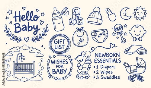 Newborn baby essentials pattern, infant care background, nursery supplies illustration, baby shower wallpaper, hand drawn nursery sketches, motherhood parenting design, cute baby items pattern
