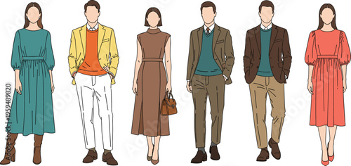 Collection Of Men And Women Fashion Illustrations Wearing Stylish Smart Casual Outfits Formal Dresses Suits And Blazers For Autumn Winter Seasonal Apparel Lookbook Design