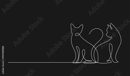 Continuous Line Art Drawing of Two Sitting Cats Forming a Heart with Their Tails on a Black Background, Minimalist Pet Love Illustration