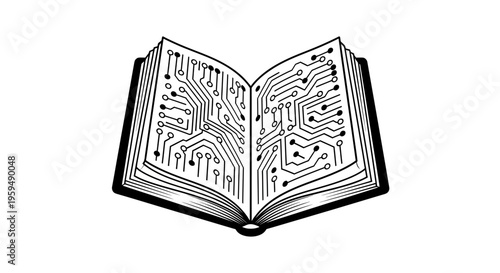 Open book with pages showing circuit board pathways