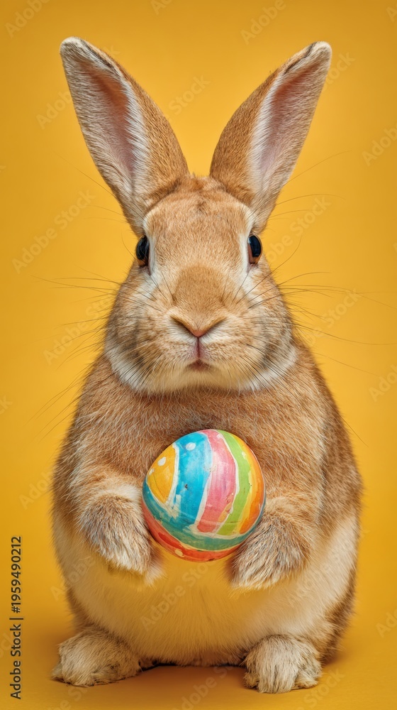 Fototapeta premium Springtime cheer: playful bunny with easter egg on a bright card. Surreal portraits. Charming multicolor bunny holding easter egg against solid background. Vibrant expression.