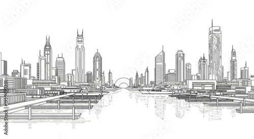 Modern cityscape with a tranquil river reflecting towering abstract architectural structures