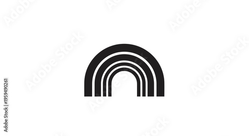 A black and white graphic illustration of a stylized rainbow with concentric arches