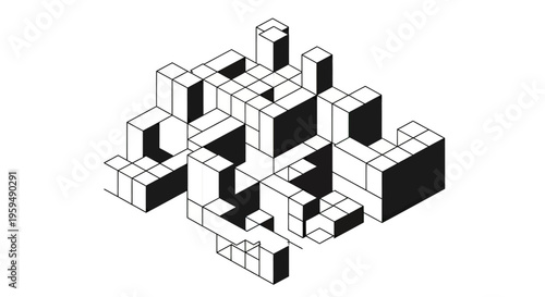Abstract isometric arrangement of black and white geometric shapes and cubes