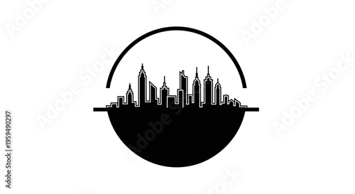 Silhouette of a cityscape within a circular frame