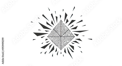 Geometric circuit board diamond explodes outwards in sharp shards