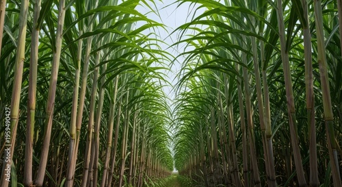 Tall green sugarcane stalks form a pathway under a bright sunny sky in an agricultural field