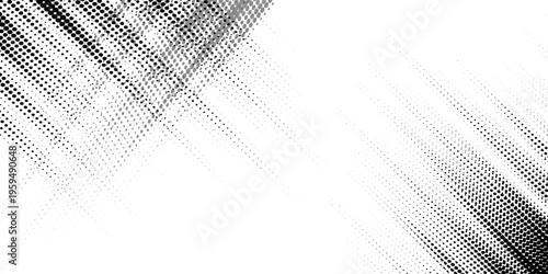 Grunge halftone gradient background. Faded grit noise texture. White and black sand wallpaper. Retro pixelated backdrop. Anime or manga style comic overlay. Vector graphic design textured template
