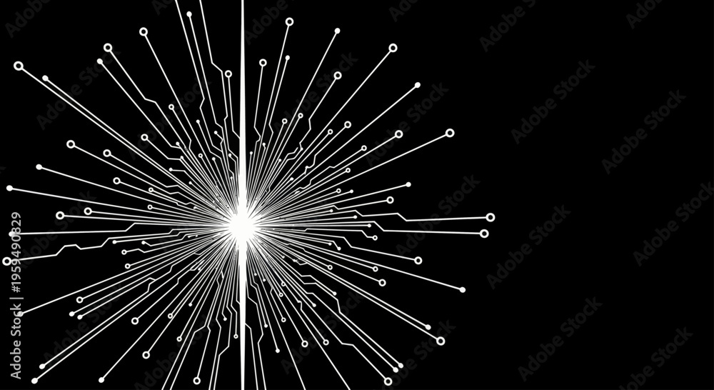 Fototapeta premium Abstract starburst of digital circuit lines and nodes against black