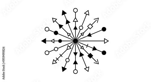 Abstract geometric starburst with diverse outgoing directional symbols