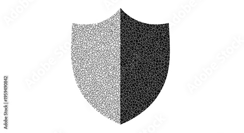 A shield symbol split vertically, one half textured, the other solid black