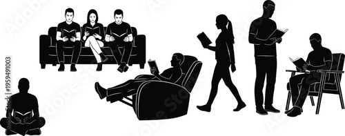 Collection Of People Reading Books Silhouettes Featuring Men And Women Sitting On Couch Armchair Walking And Standing Representing Education Literature Study And Personal Growth