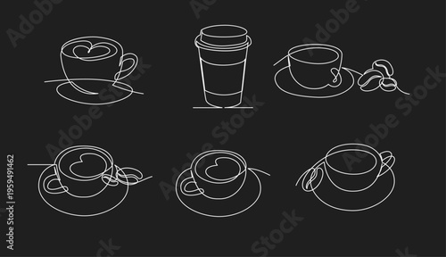 Set of continuous one line drawing illustrations of various coffee cups including latte art and a disposable take away cup, minimalist vector art on black.