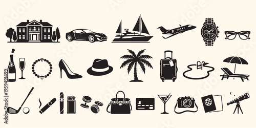 Luxury travel lifestyle icons, summer vacation beach background, private jet yacht illustration, exotic holiday getaway wallpaper, hand drawn travel sketches, premium lifestyle assets design, tropical