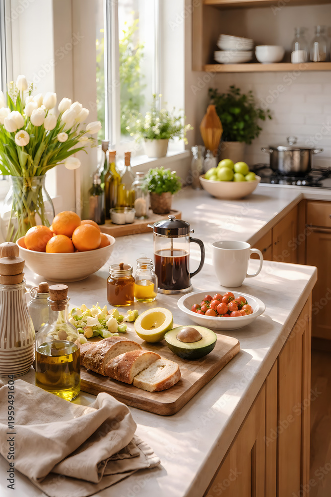 Fototapeta premium Breakfast spread on a table in a kitchen with fresh delicious dishes including fruits vegetables meat and gourmet meals for a healthy celebration