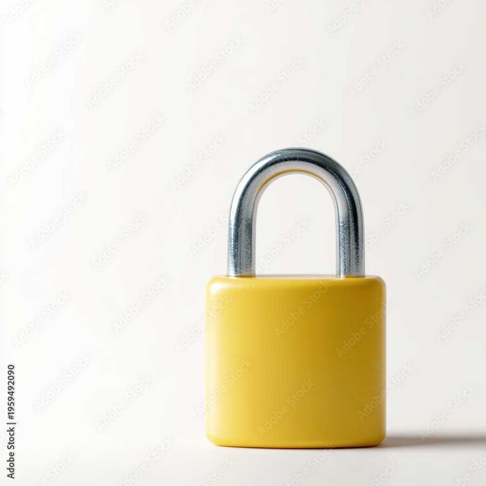 Naklejka premium Bright yellow padlock with shiny silver shackle on clean background, security and data protection concept
