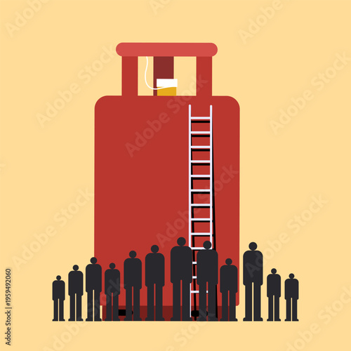 Conceptual illustration of people standing in a queue beside a large gas cylinder with a ladder, symbolizing fuel scarcity, rising prices, access inequality, and dependence on essential resources
