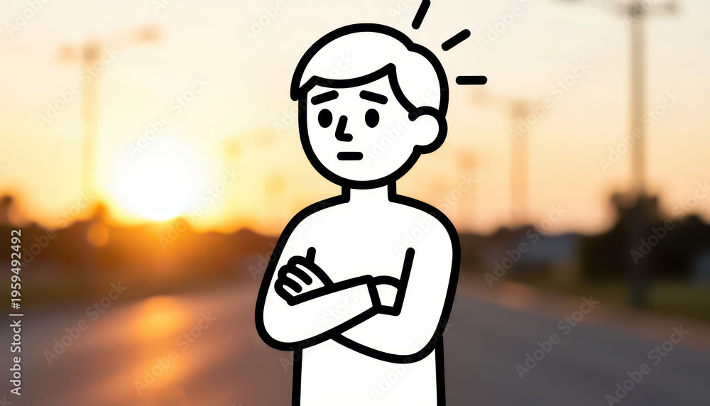 Fototapeta premium A boy stands on a road, looking concerned as the sun sets behind him. The sunset creates a warm glow while the boy's expression shows deep contemplation.