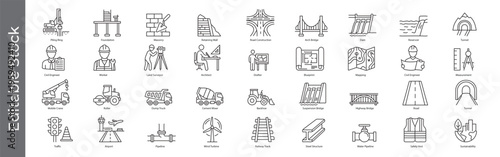 Civil engineering, construction and infrastructure icon set – editable outline symbols of bridge, dam, tunnel, blueprint, mapping and machinery