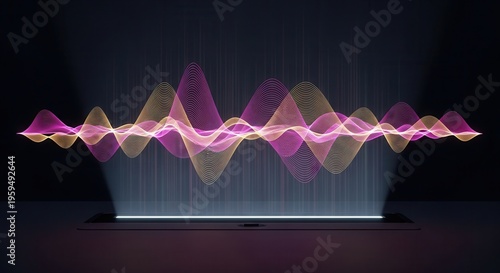 Magenta gold wave patterns, soft volumetric lighting, holographic layers, light streaks, cinematic contrast, modern business analytics display.