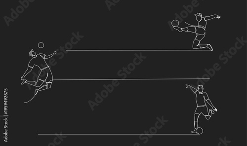 Continuous Line Art of Dynamic Soccer Players in Action with Footballs
