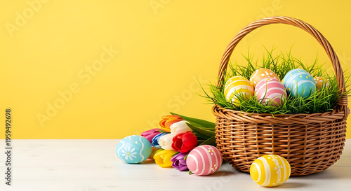 Vibrant Easter eggs and spring tulips in a rustic basket, celebrating renewal and joy