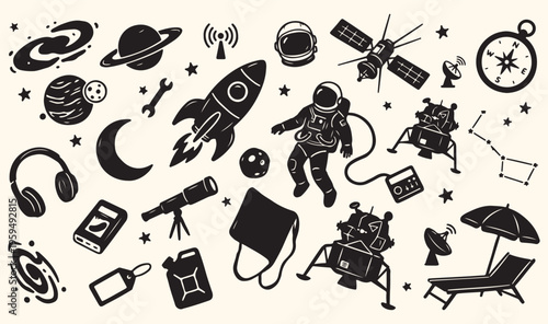 Sci-fi space exploration astronaut silhouette, alien planet galaxy universe icons, futuristic technology spaceship set, cosmic voyage star discovery vector, deep space mission science art, astronaut f