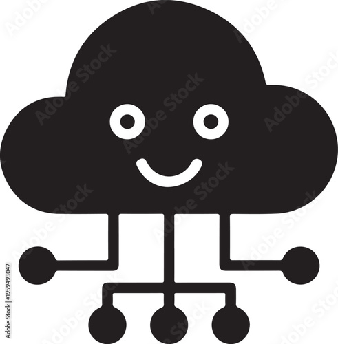 Charming black cloud character with a smiling face and limbs a silhouette