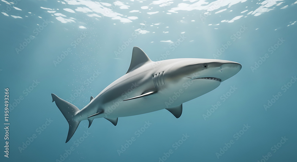 Fototapeta premium Majestic grey shark swimming gracefully in sunlit ocean waters, showcasing marine wildlife and the beauty of underwater predators