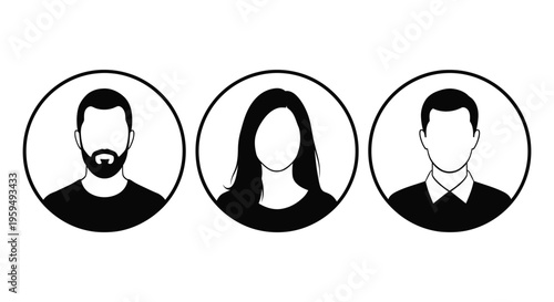 Simple black and white vector graphic illustration set featuring three distinct user profile avatars