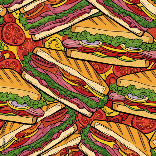 Seamless Pattern of Loaded Panini Sandwich and Tomato Slices in Retro Comic Illustration for Diner Food Wrap and Bold Restaurant Branding