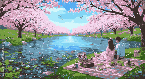 Serene couple on a picnic blanket by a tranquil pond surrounded by blooming cherry blossom trees on a sunny day with lush greenery.