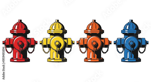 Four brightly colored fire hydrant vector illustrations displayed in a row 